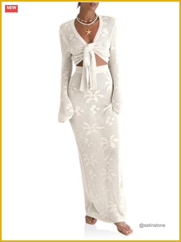 Crochet Tie-Front Swimsuit Cover Up Cardigan And Skirt Set
